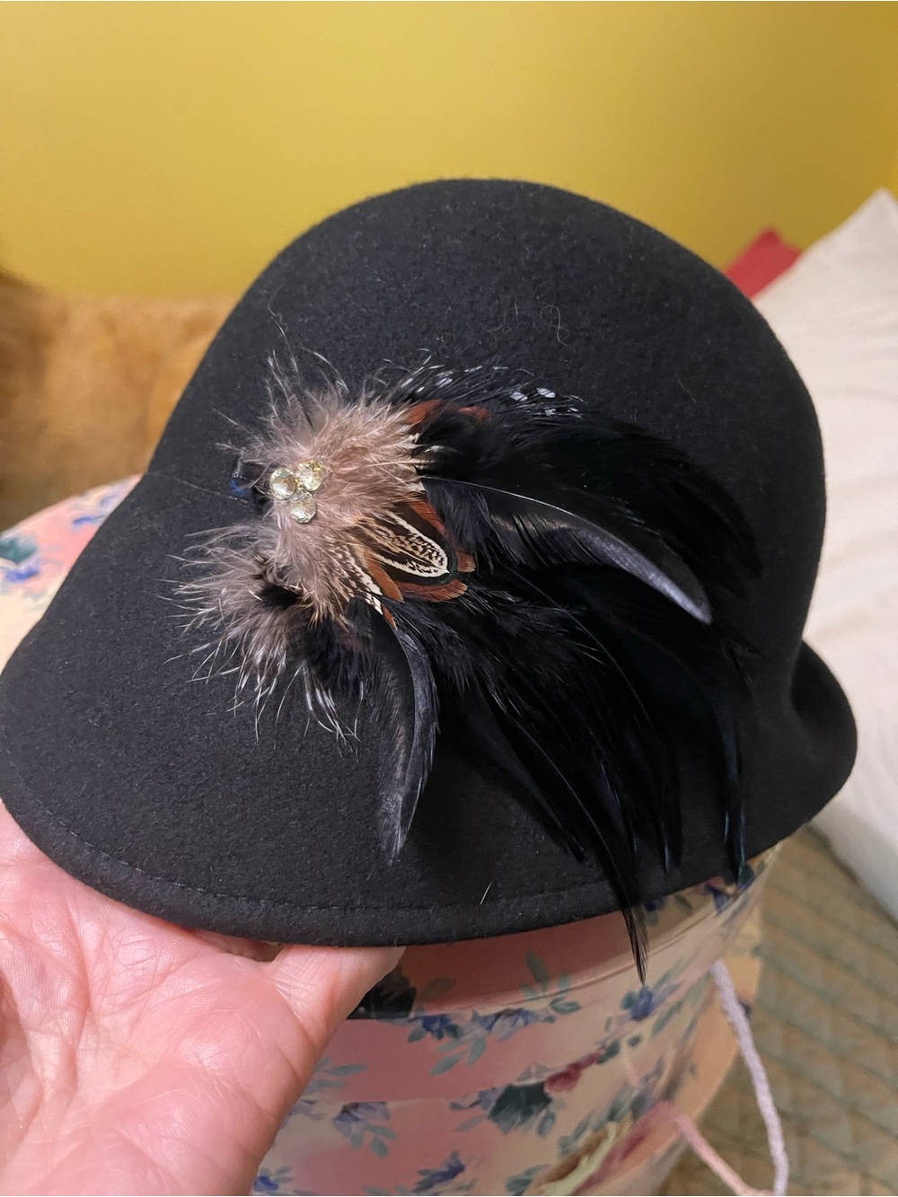 Black Felt Women's Cloche Hat with Feather Accent. Purchased in Venice.